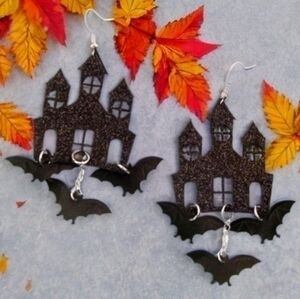 MODCLOTH FABRIC GLITTER HAUNTED HOUSE EARRINGS